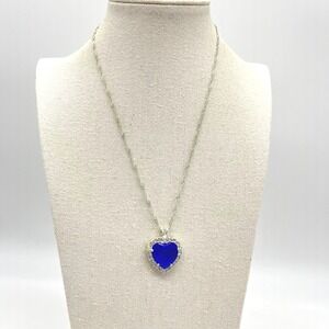 Heart Pendant Necklace Blue Gemstone Crystal‎ Rhinestone Chain Silver Tone